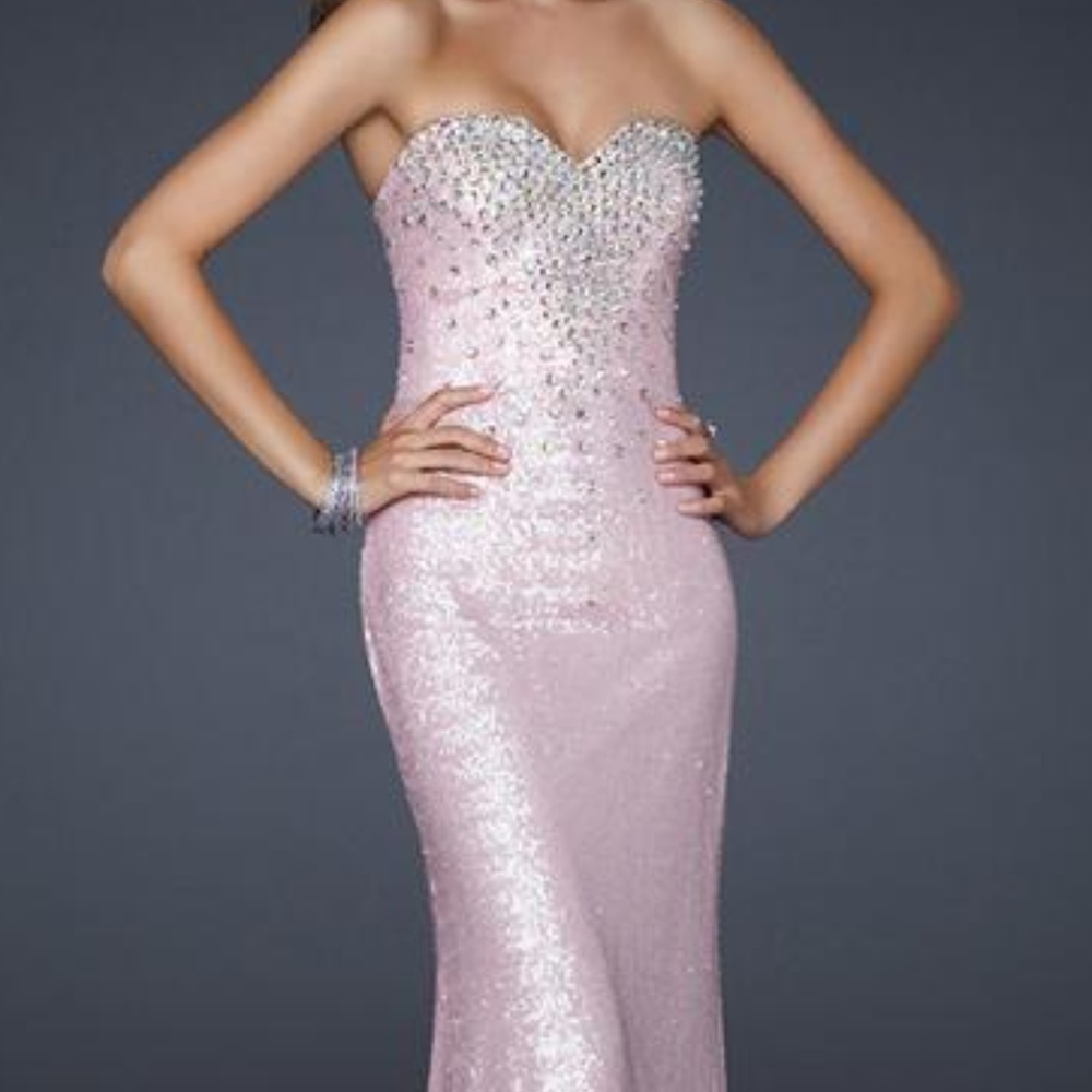 LA FEMME PROM DRESS WITH SEQUINS AND GEMS -PINK